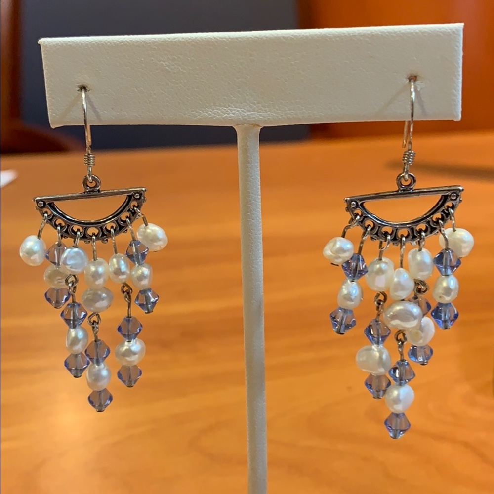 Freshwater Pearl and Blue Bead Dangle Earrings